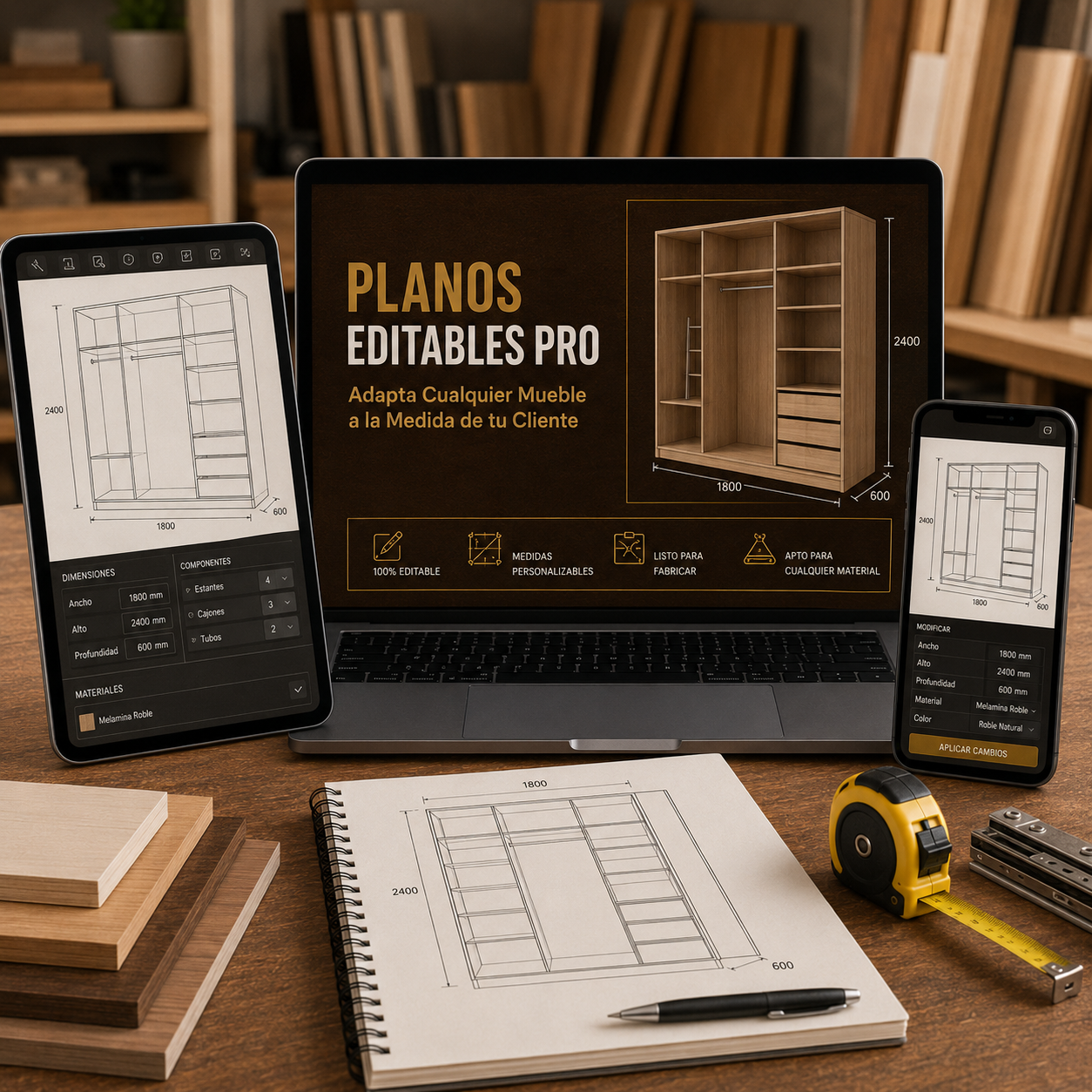 PLANOS EDITABLES PRO — Adapta Cualquier Mueble a la Medida de tu Cliente